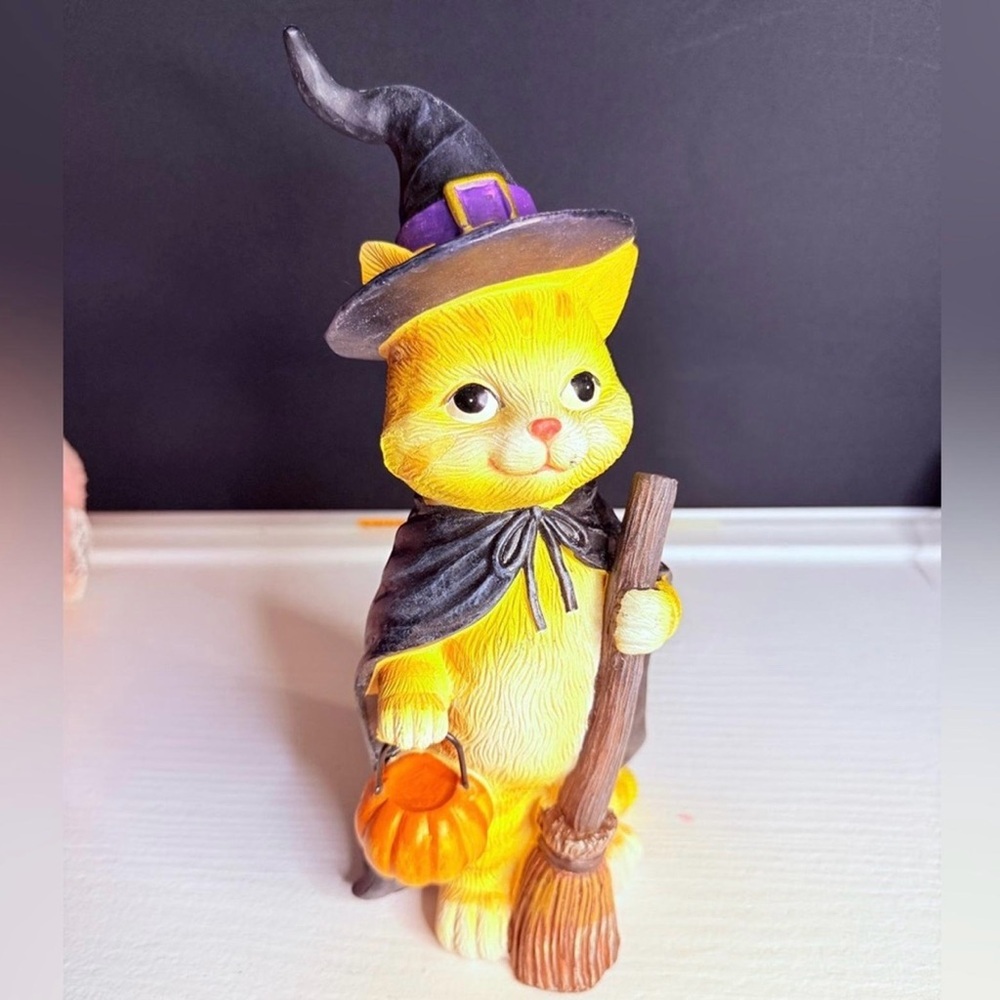 Pastel Halloween Witch Cat Figurine with Broom Pumpkin Trick or Treat Decor NWT